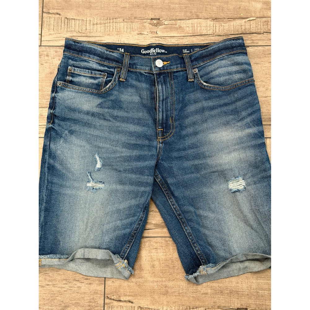 Goodfellow & Co Mens 34 Slim Total Flex Distressed Denim Shorts Blue Jean Frayed